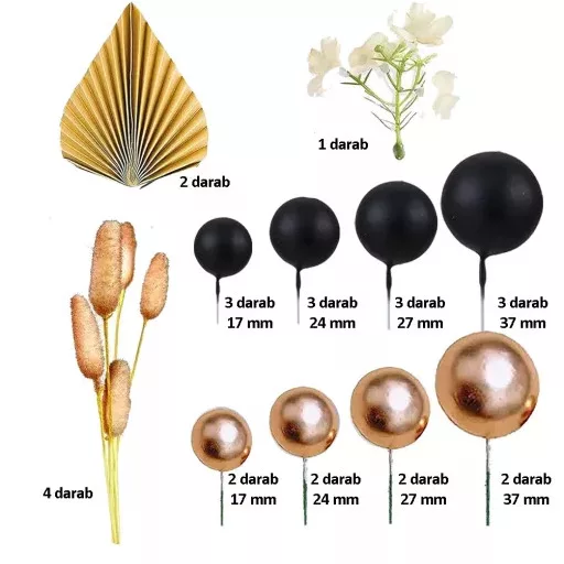 Vegyes fekete-arany tortadísz (gömb,virág,papír dísz) 