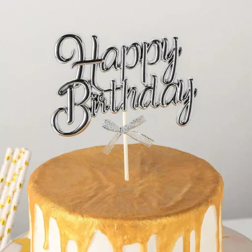 Happy Birthday ezüst színű tortabeszúró,tortadísz