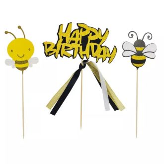 Arany-fekete Happy Birthday  méhecskés tortabeszúró