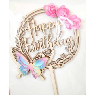   Happy Birthday kör alakú ,fa beszúró pillangóval,rózsaszín virágokkal