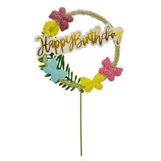 Színes pillangós Happy Birthday beszúró kerek