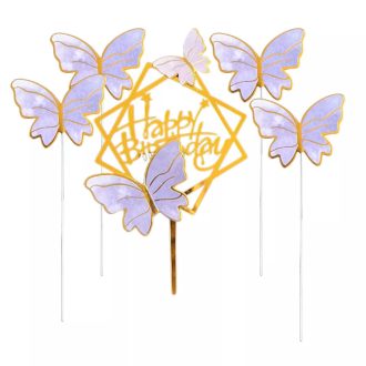   Lila-arany pillangók Happy Birthday felírattal papír torta beszúró