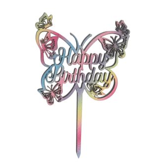   Pillangó formájú szivárvány színű Happy Birthday fa beszúró