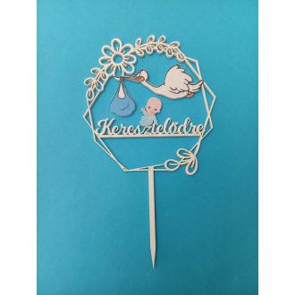   Kersztelős Keresztelődre felíratú,gólya fiú babával fa tortabeszúró,tortadísz