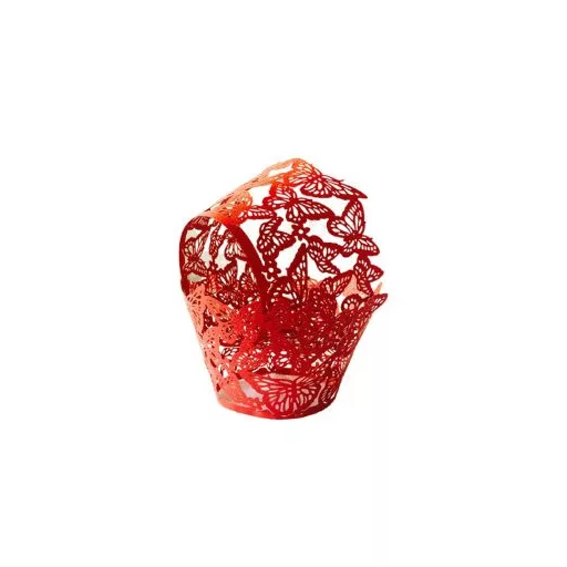 Muffin papír csipke hatású,pillangó mintával piros 10db