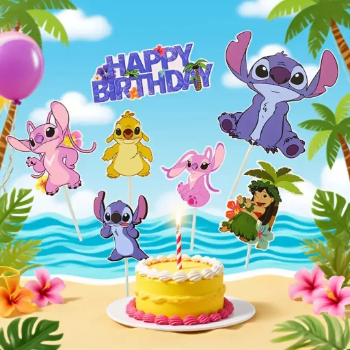Stitch (Stich,Stics) témájú  7 db/csomag:  Happy Bithday és 6 db figura papír tortabeszúró tortadísz