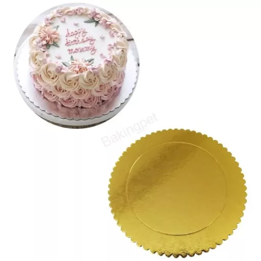 Arany színű,kör alakú,apró rózsa mintás,fodros szélű torta alátét,tortalap  átm.28 cm 