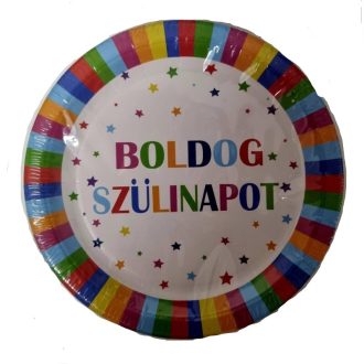   Party Kellék Fondant,Marcipán. Színes szélű boldog szülinapos felíratú papírtányér 10 db/ csomag
