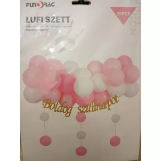   Rózsaszín-fehér fufi csomag Boldog szülinapot füzérrel 29 részes
