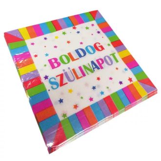   Party Kellék. Fondant. Marcipán.Színes szélű Boldog Szülinapot felíratú szalvéta 20 db/ csomag
