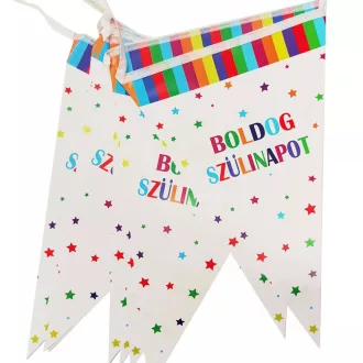   Party Kellék.  Fehér,színes csillagos Boldog Születésnapot felíratú zászló,füzér