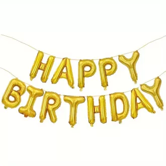 Party Kellék.  Arany színű Happy Birthday lufi füzér 